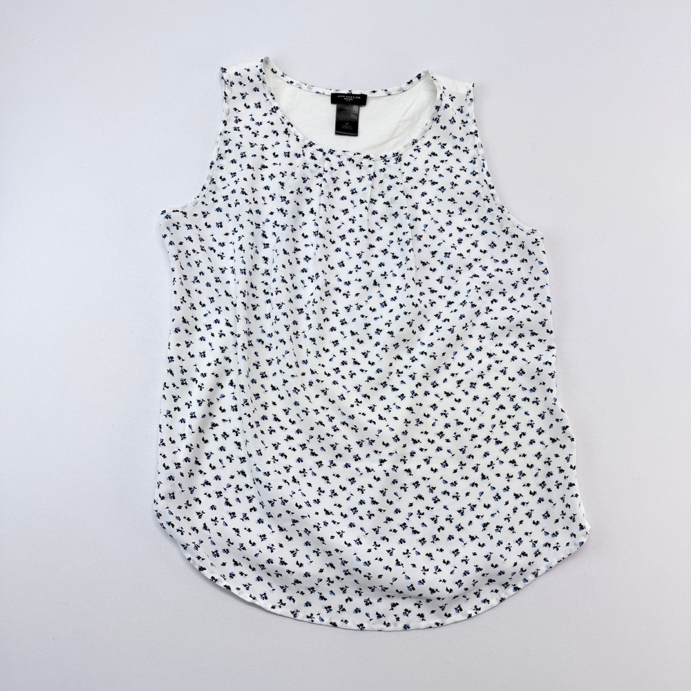 Ann Taylor Petite Mixed Media Floral Sleeveless Blouse White Blue Small SP